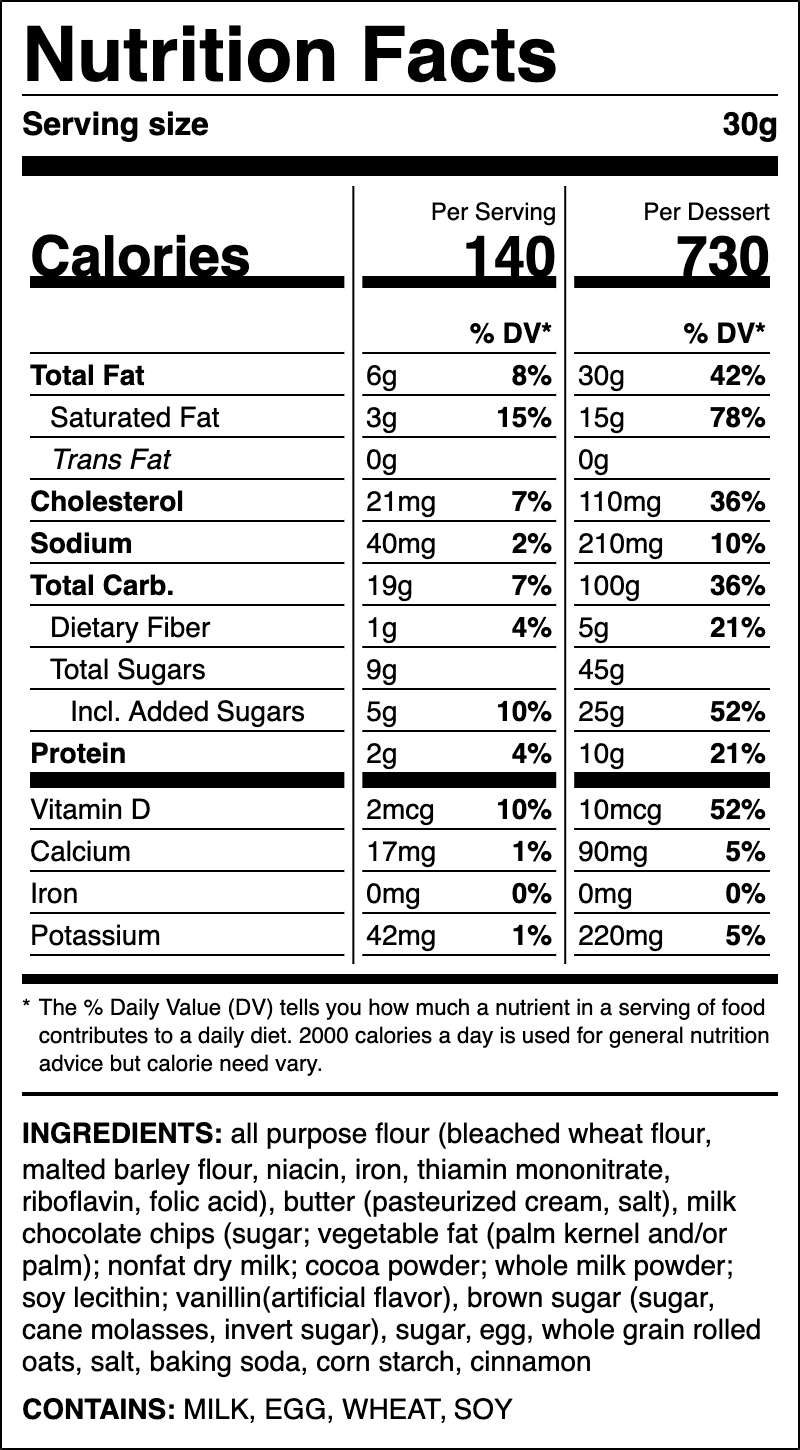 Nutrition label for Oatmeal Chocolate Chip