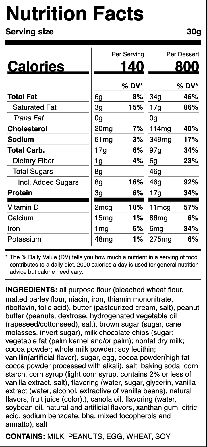 Nutrition label for Peanut Butter Brownie