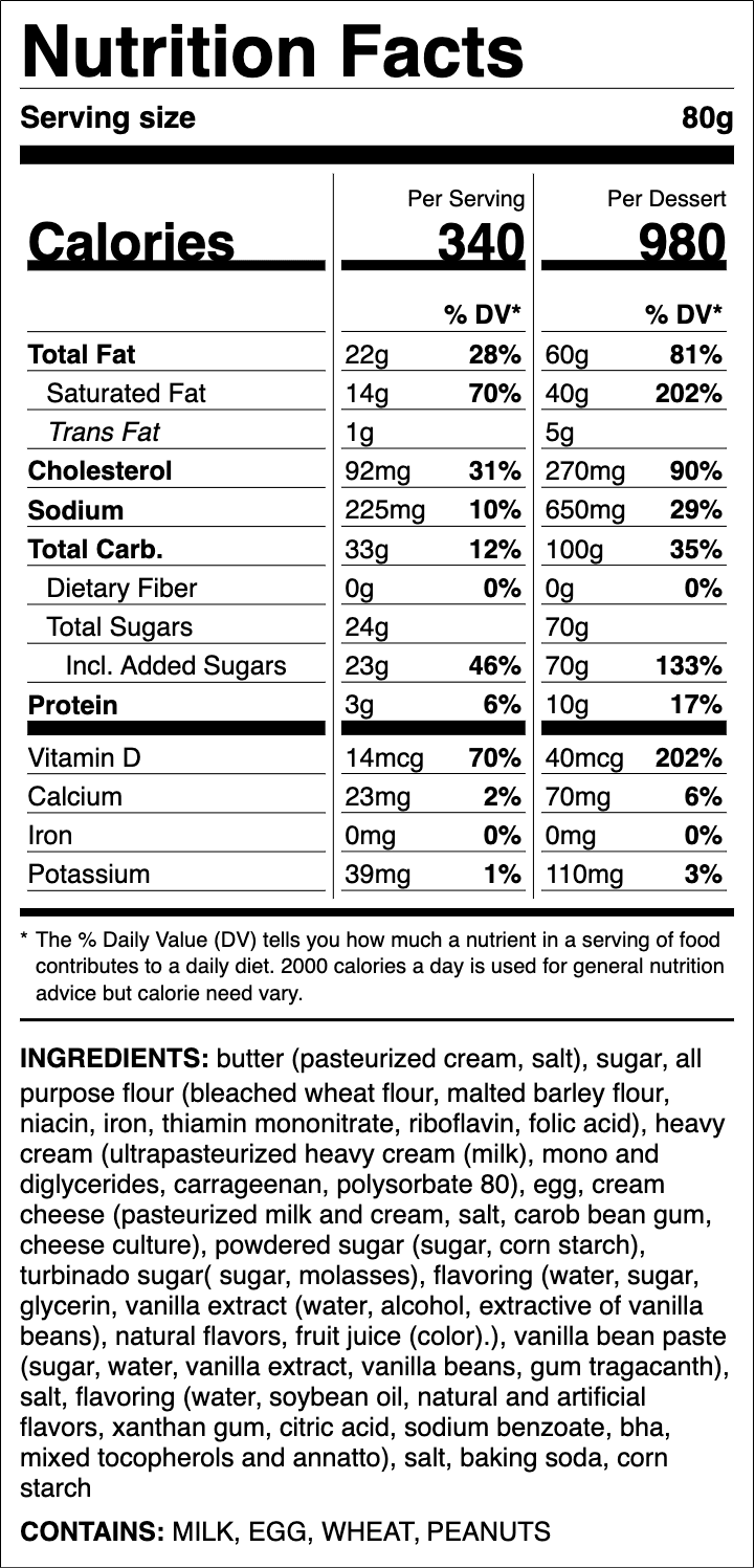 Nutrition label for Butter Cake
