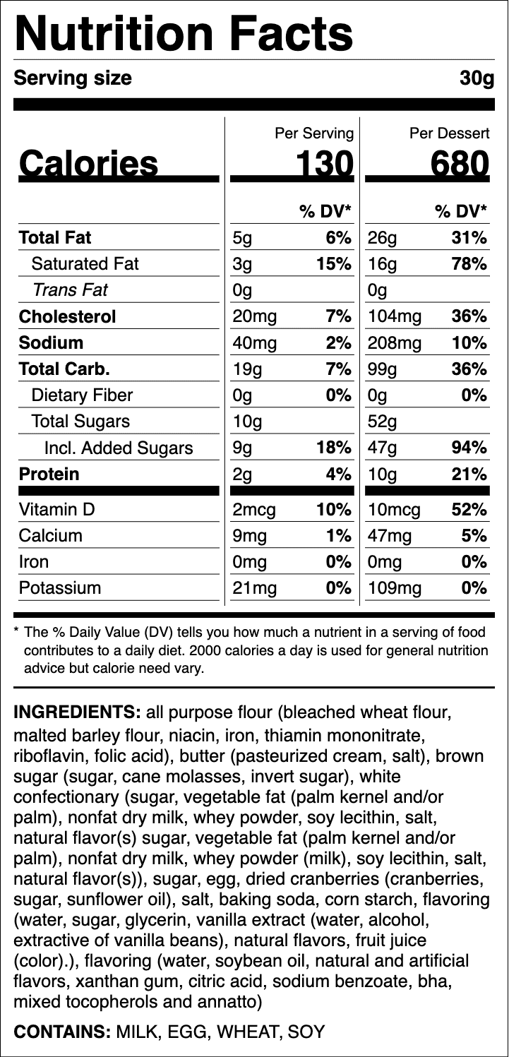 Nutrition label for Cranberry White Chip
