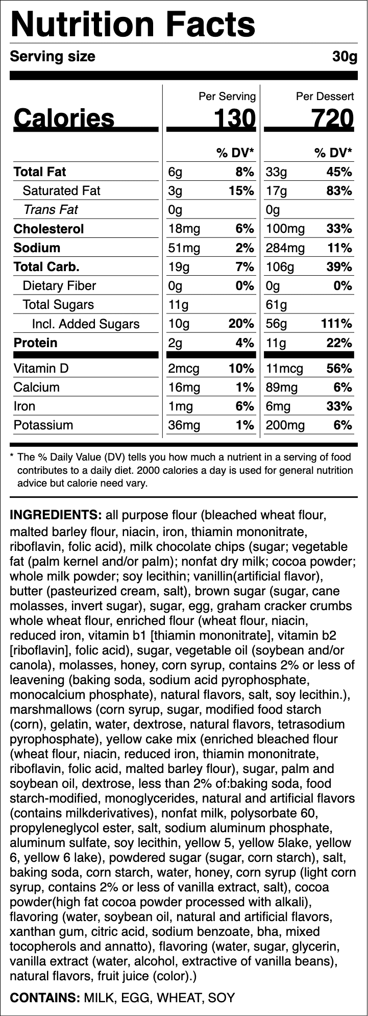 Nutrition label for S'mores