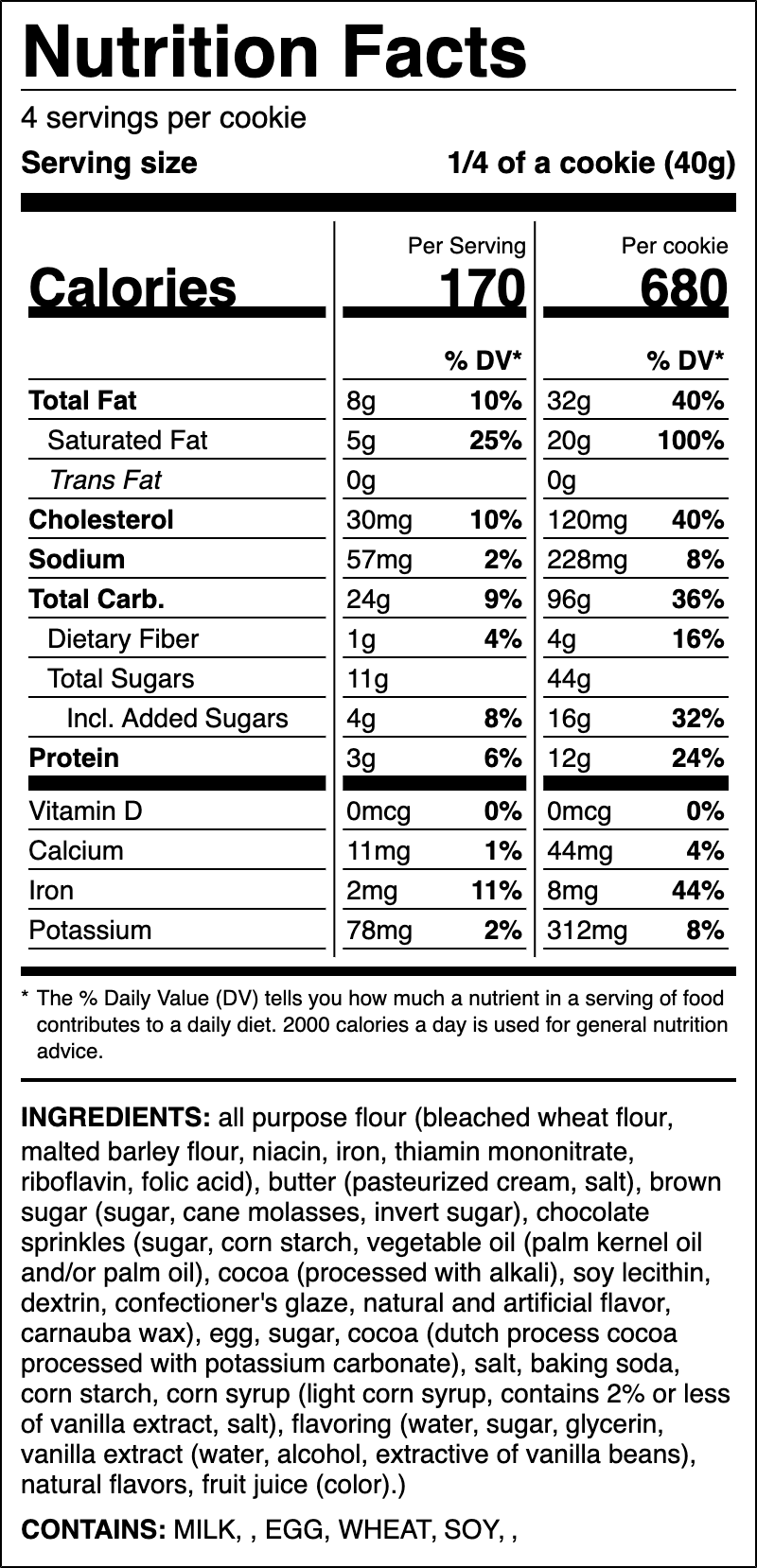 Nutrition label for Chocolate Sprinkle