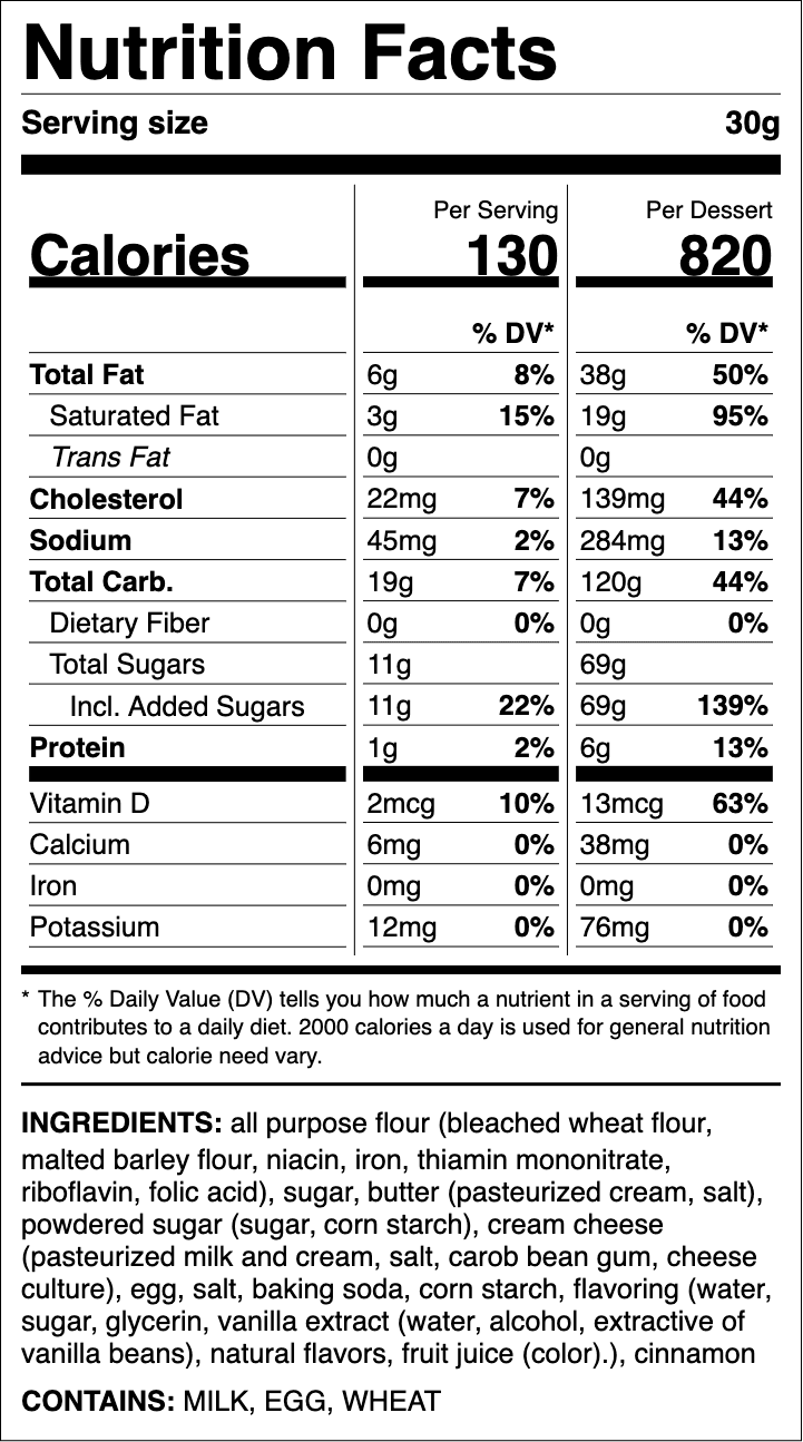 Nutrition label for Snickerdoodle Cupcake
