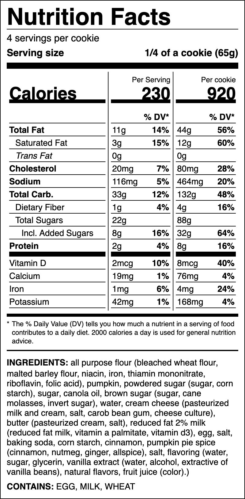 Nutrition label for Pumpkin Square