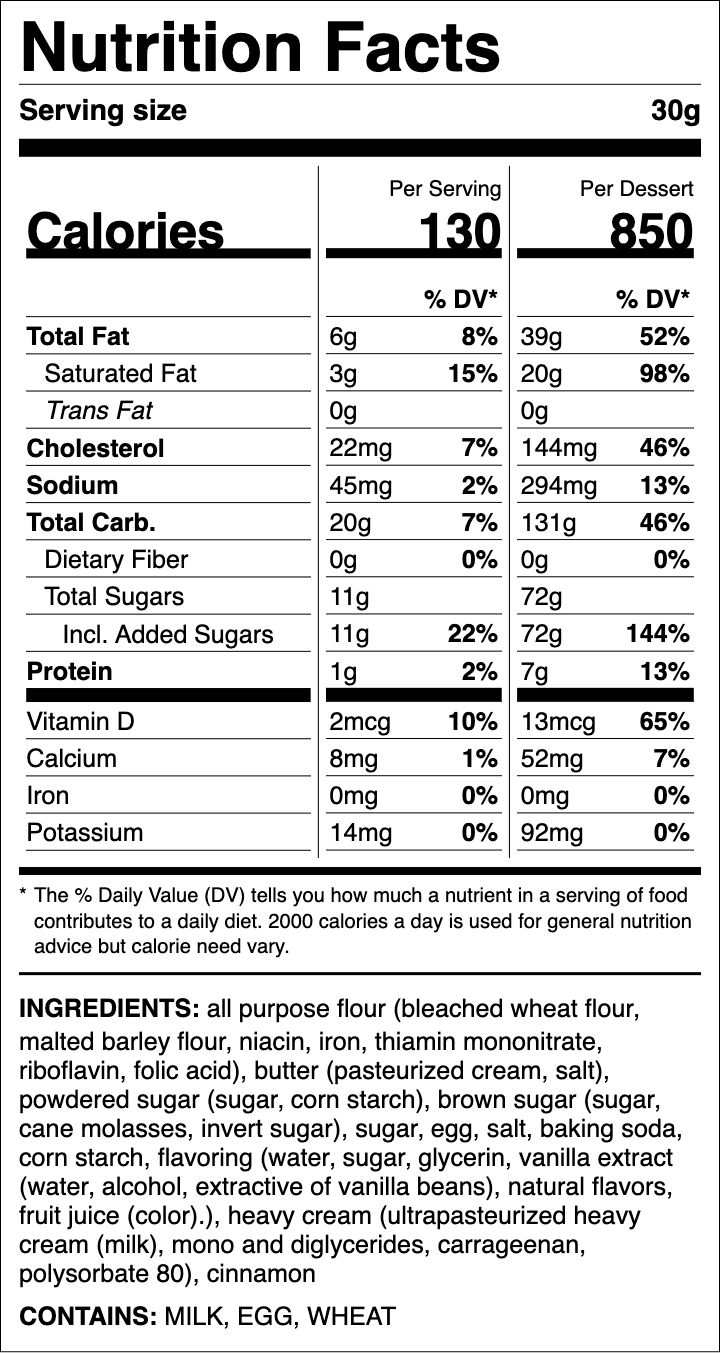 Nutrition label for Churro