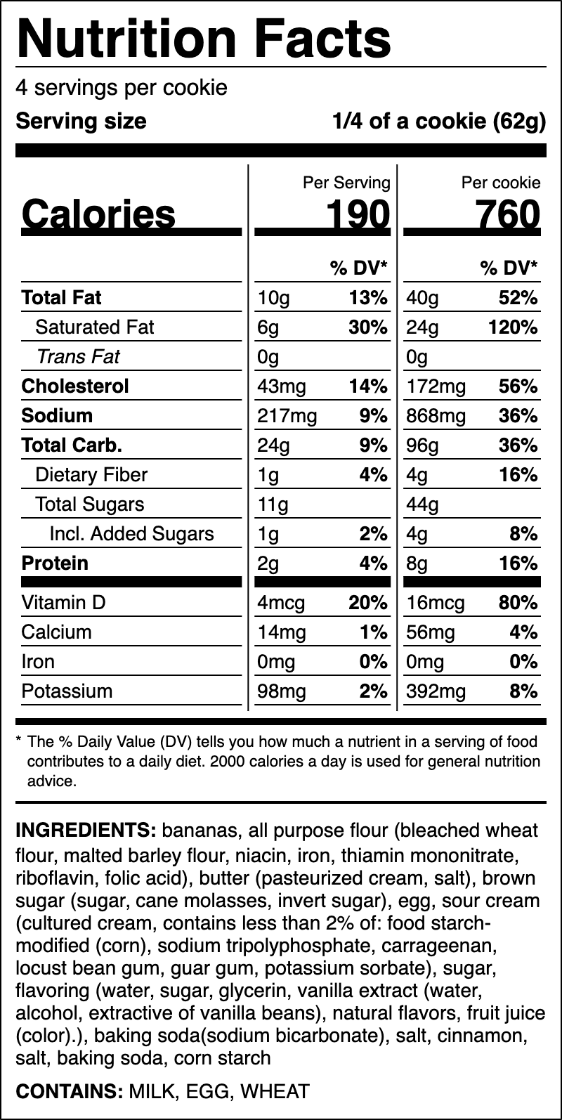 Nutrition label for Banana Bread