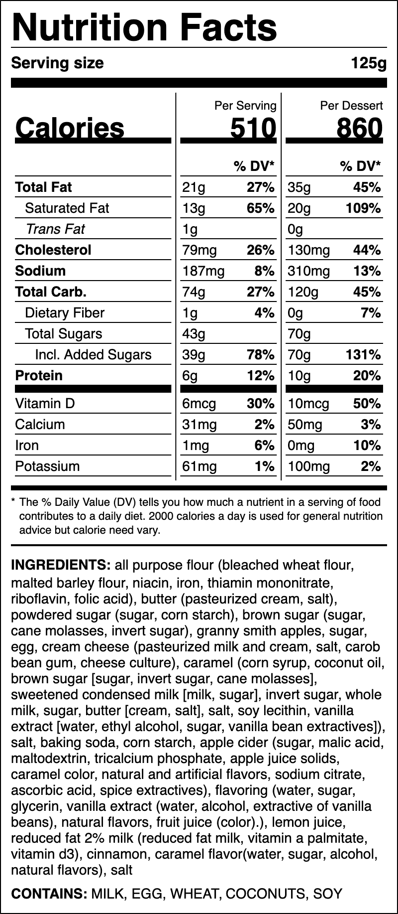Nutrition label for Caramel Apple