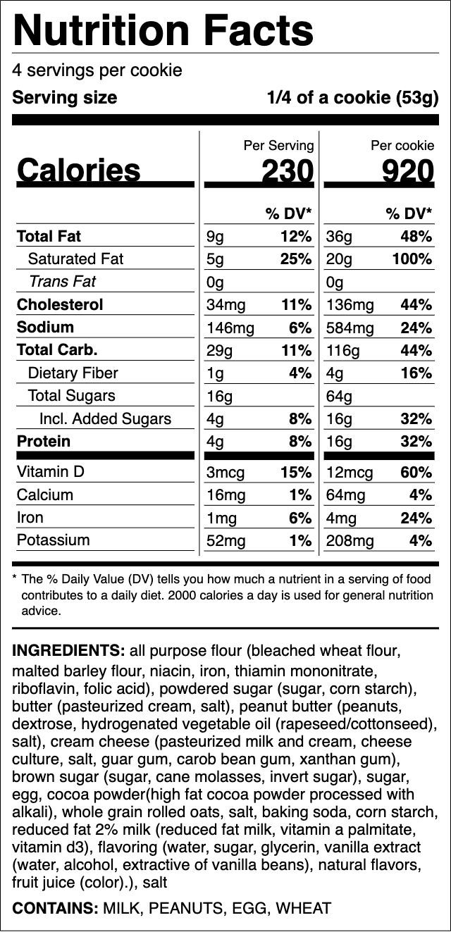 Nutrition label for Peanut Butter Bar