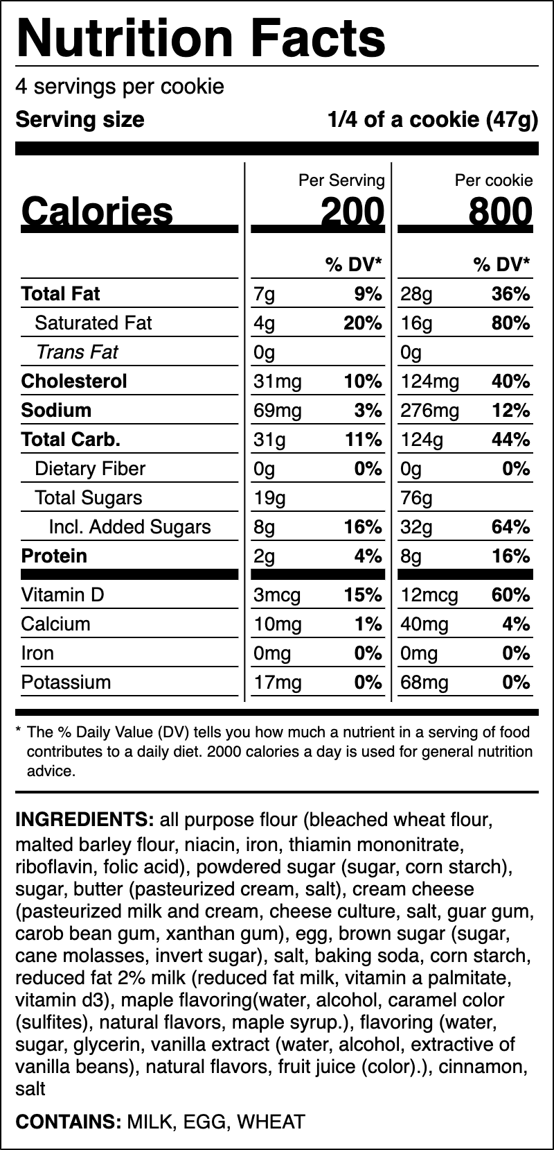 Nutrition label for Maple Cinnamon Roll