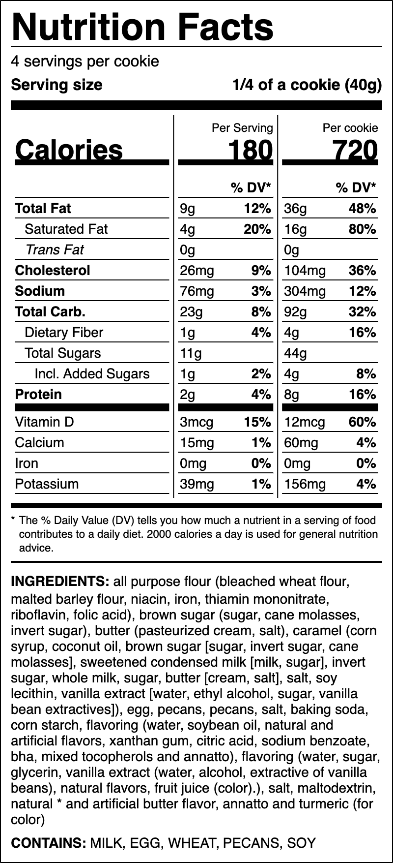 Nutrition label for Caramel Praline