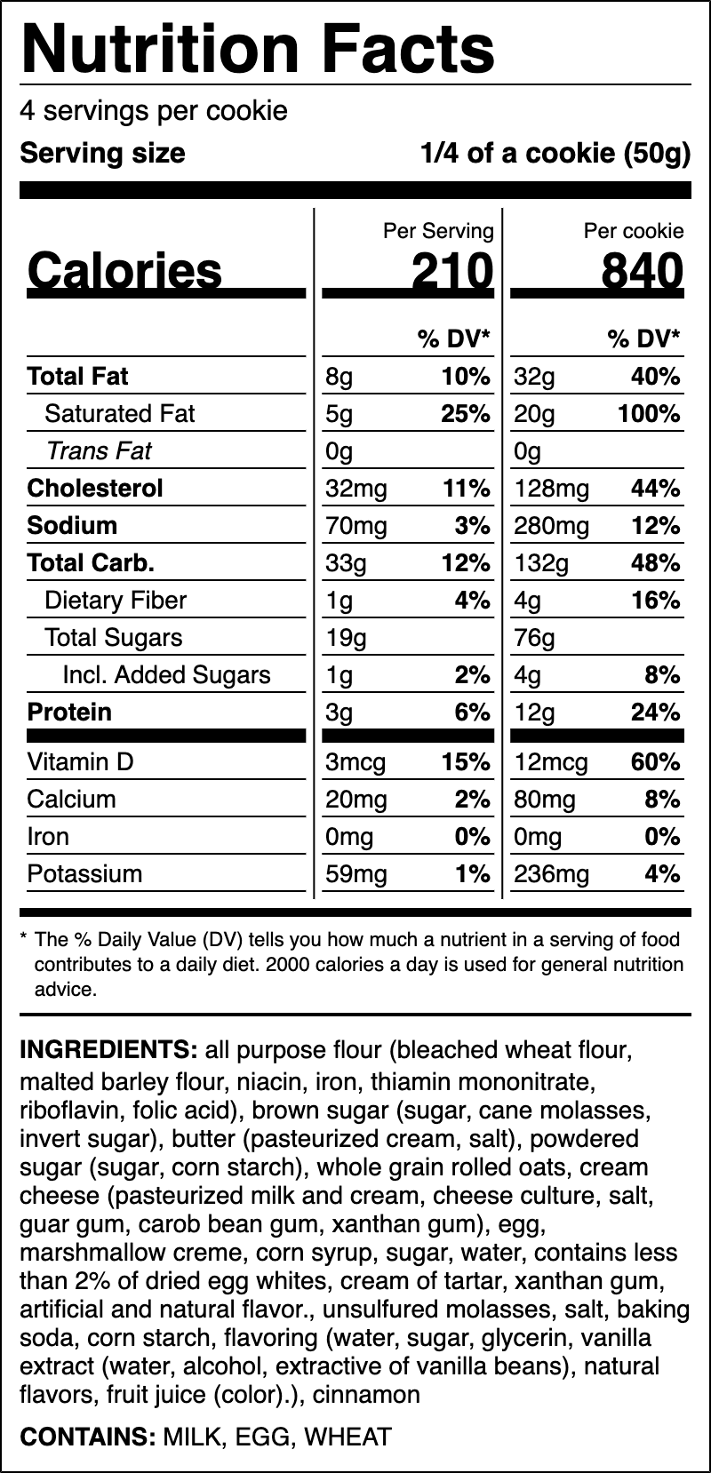 Nutrition label for Oatmeal Mallow Sandwich