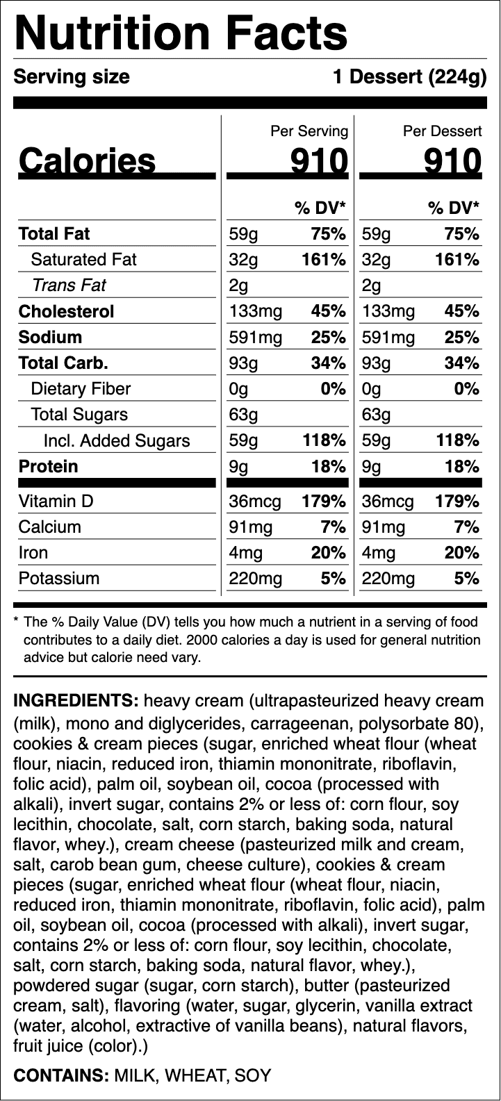 Nutrition label for Cookies & Cream Pie