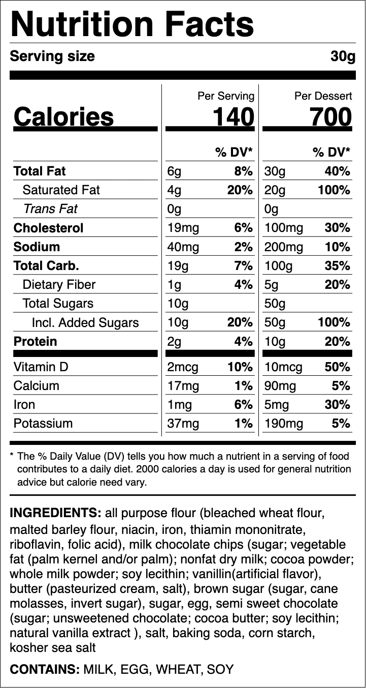 Nutrition label for Double Chocolate Chip