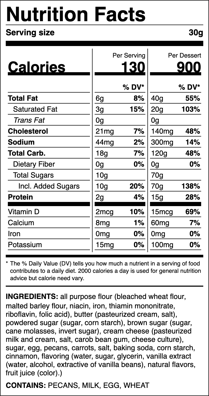 Nutrition label for Carrot Cake Cookie