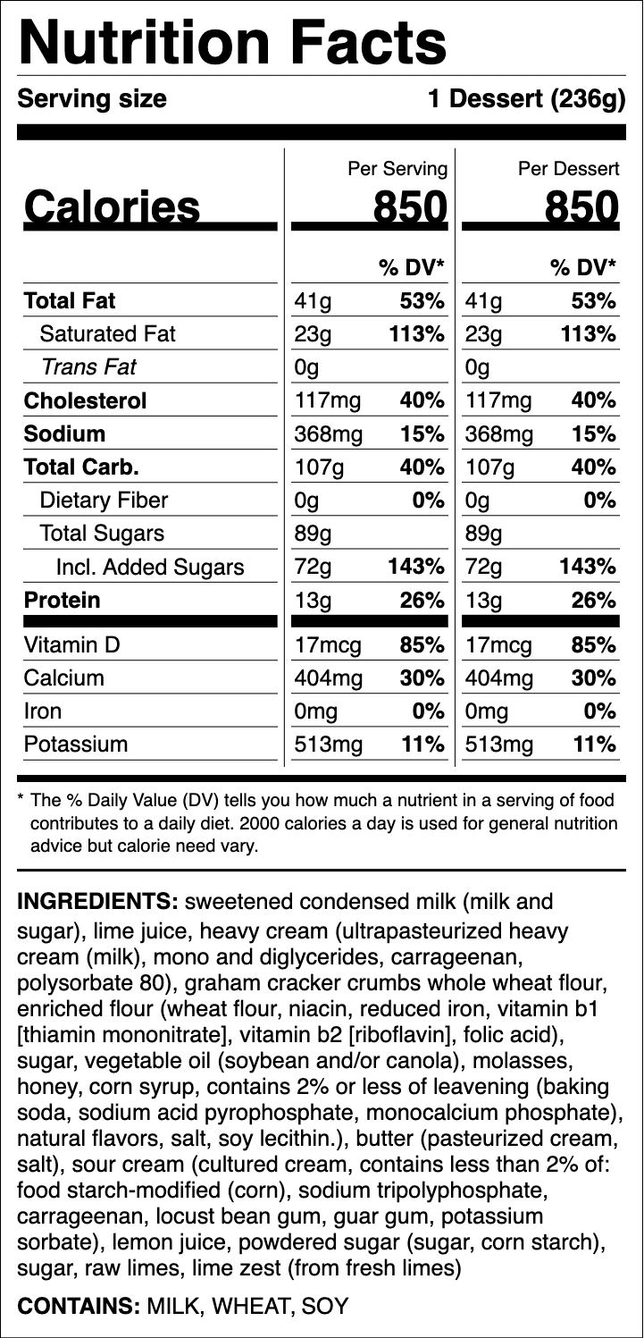 Nutrition label for Key Lime Pie