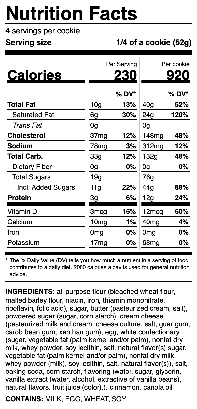 Nutrition label for Snickerdoodle Sandwich
