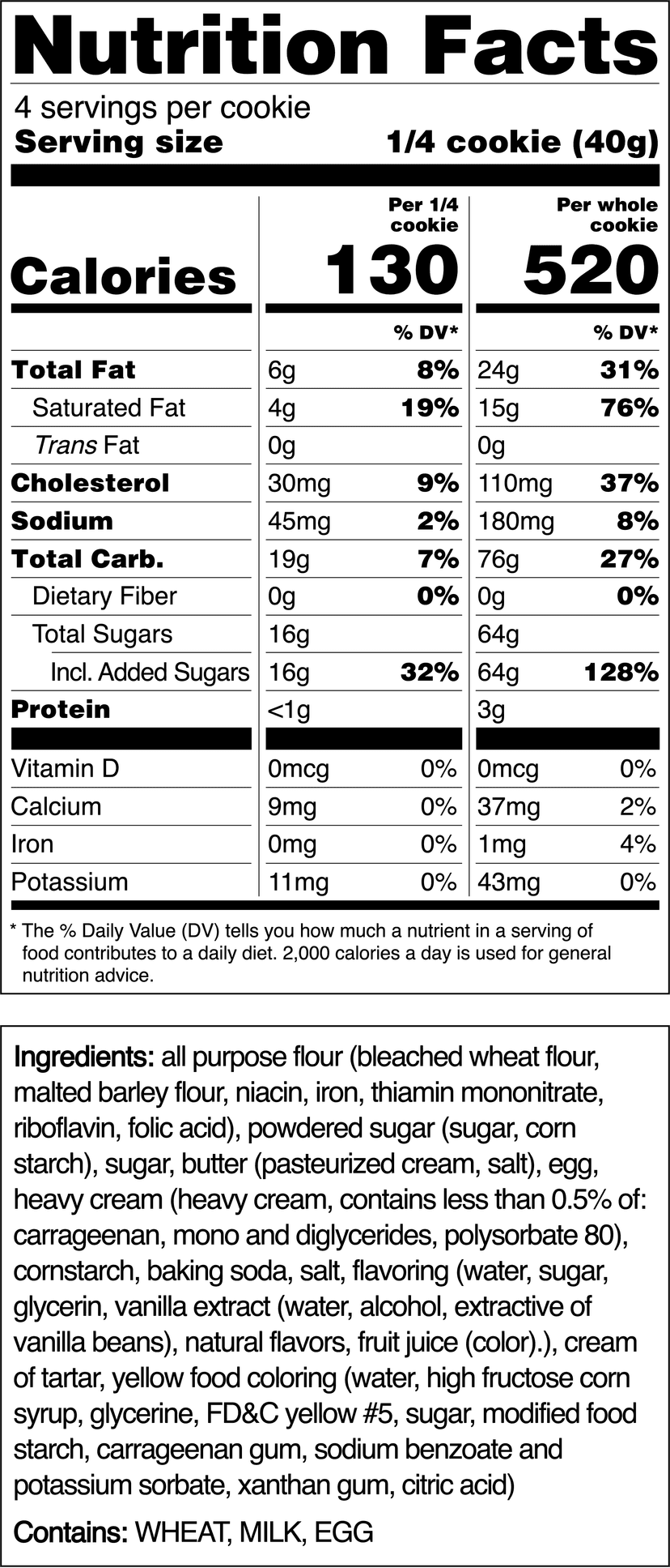 Nutrition label for Yellow Sugar