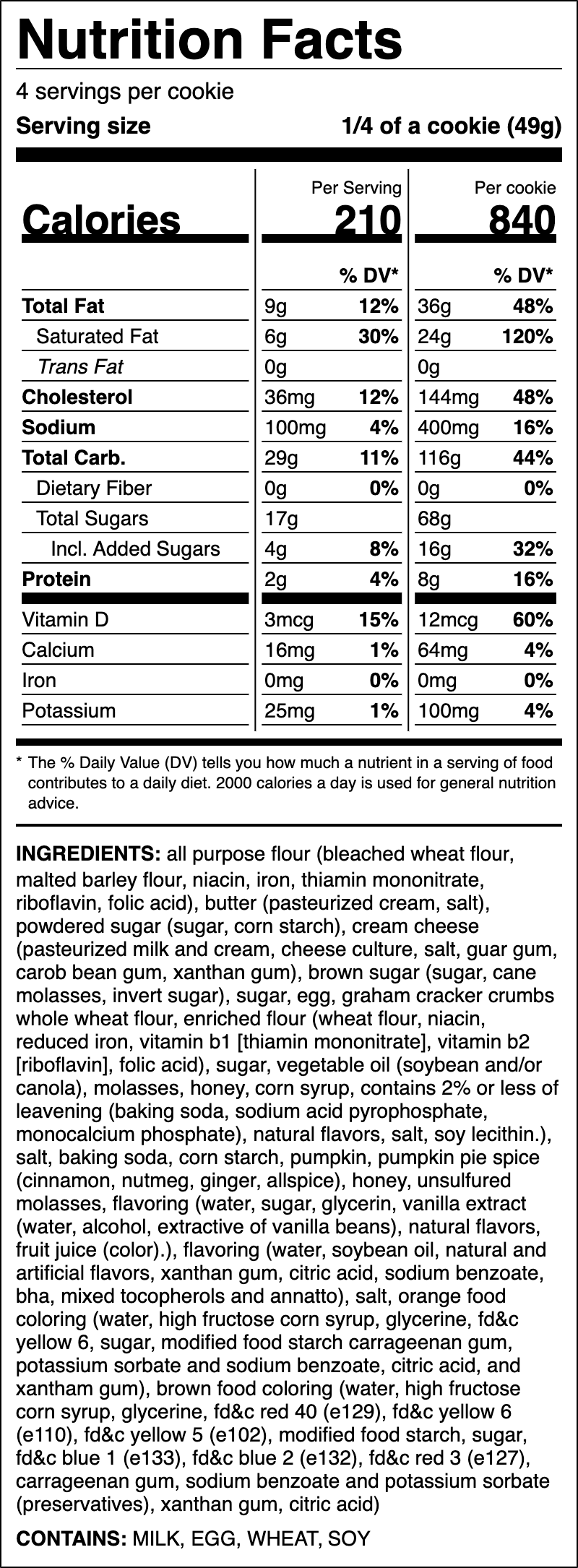 Nutrition label for Pumpkin Cheesecake