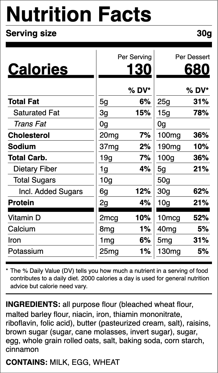 Nutrition label for Oatmeal Raisin