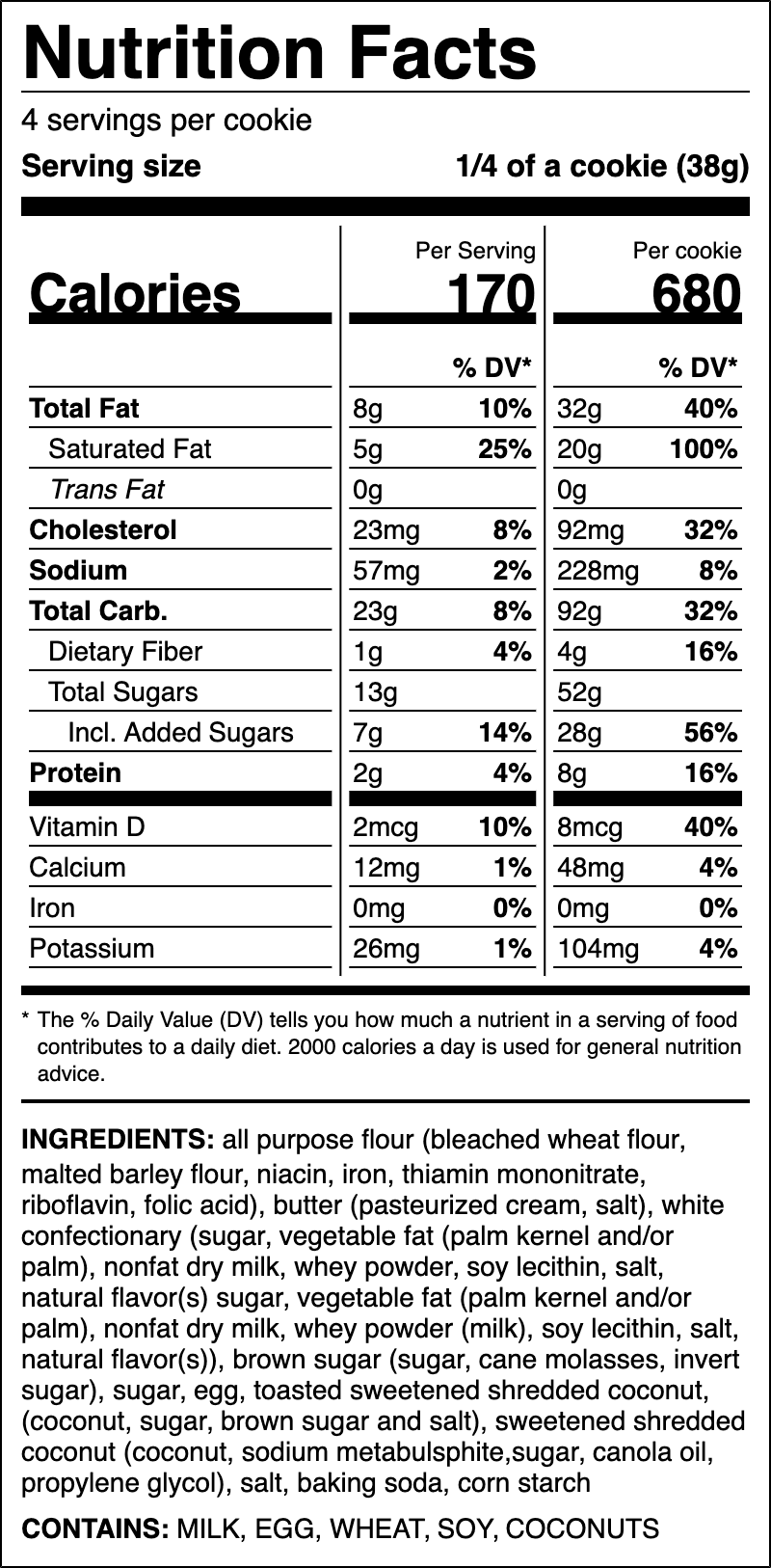 Nutrition label for Coconut White Chip