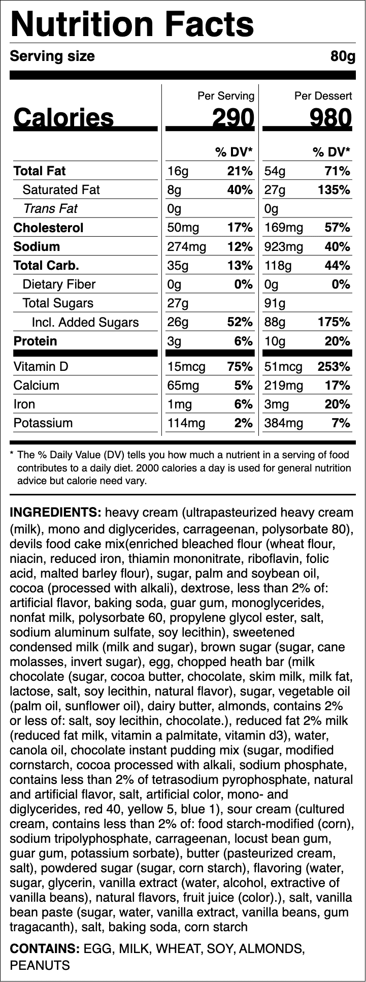 Nutrition label for Toffee Cake