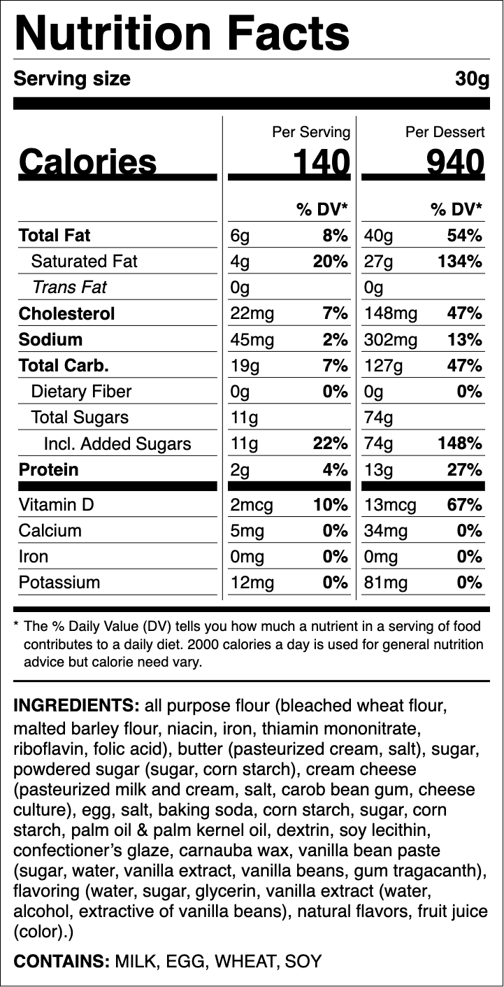 Nutrition label for Nilla Bean Cupcake