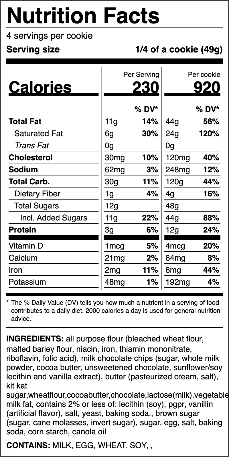 Nutrition label for Chocolate Wafer Bar