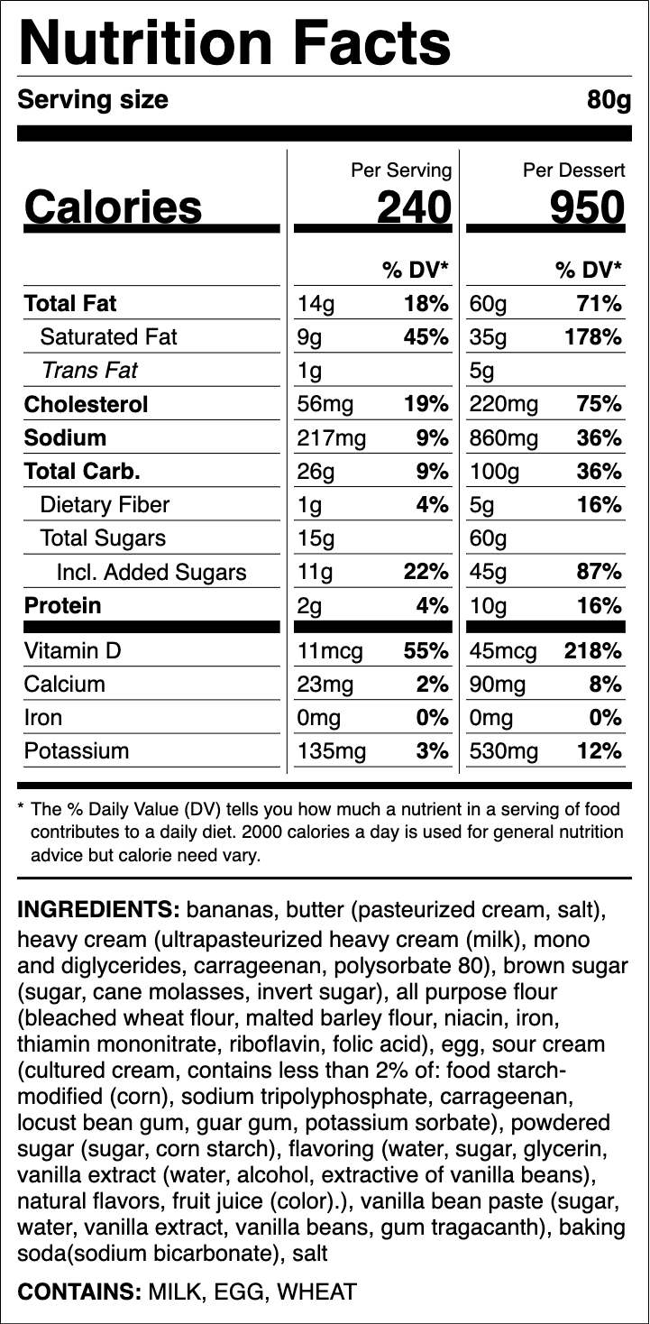 Nutrition label for Banana Upside Down Cake