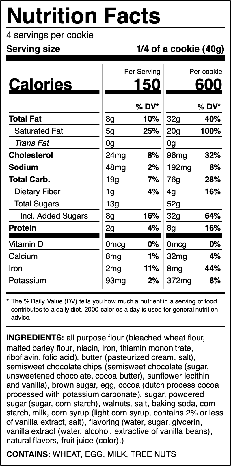 Nutrition label for Walnut Fudge Brownie