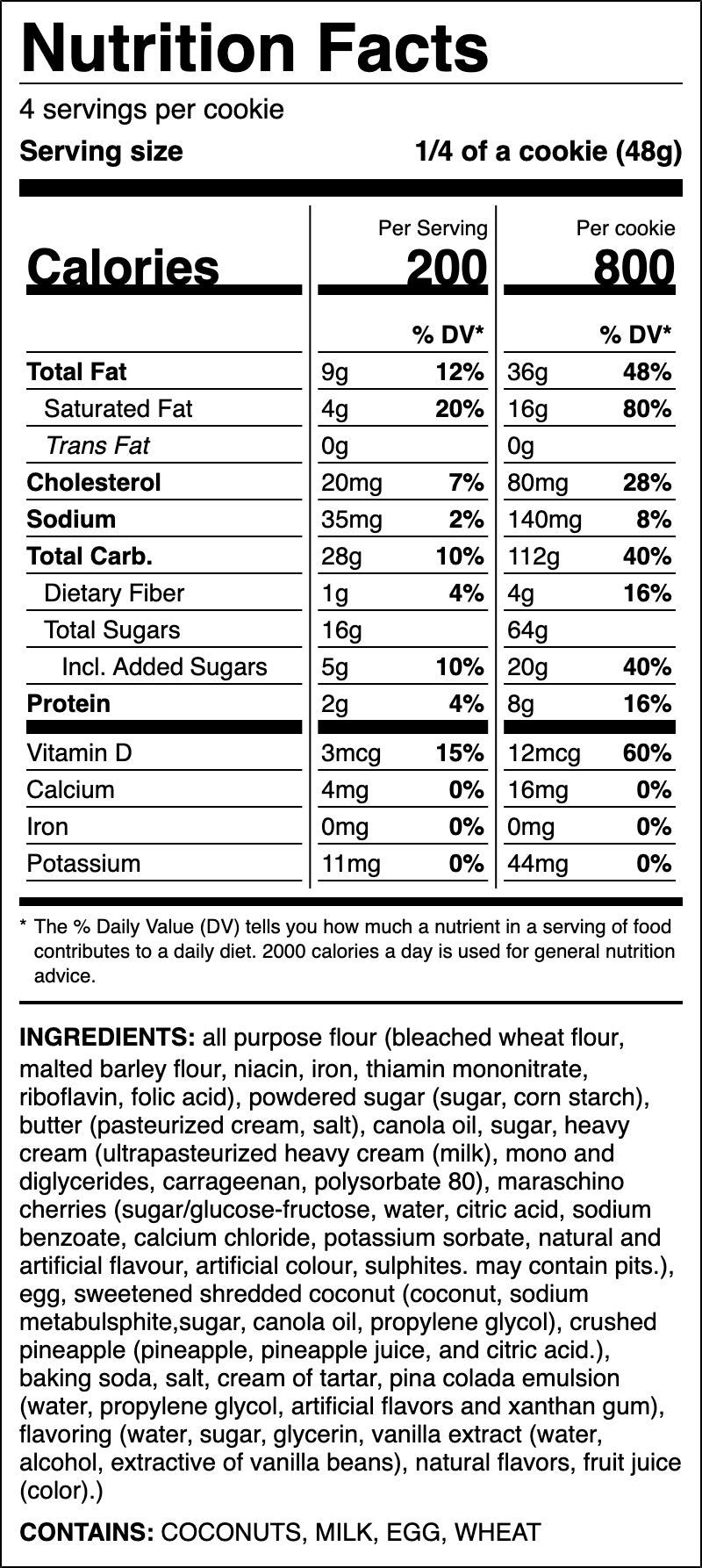 Nutrition label for Piña Colada