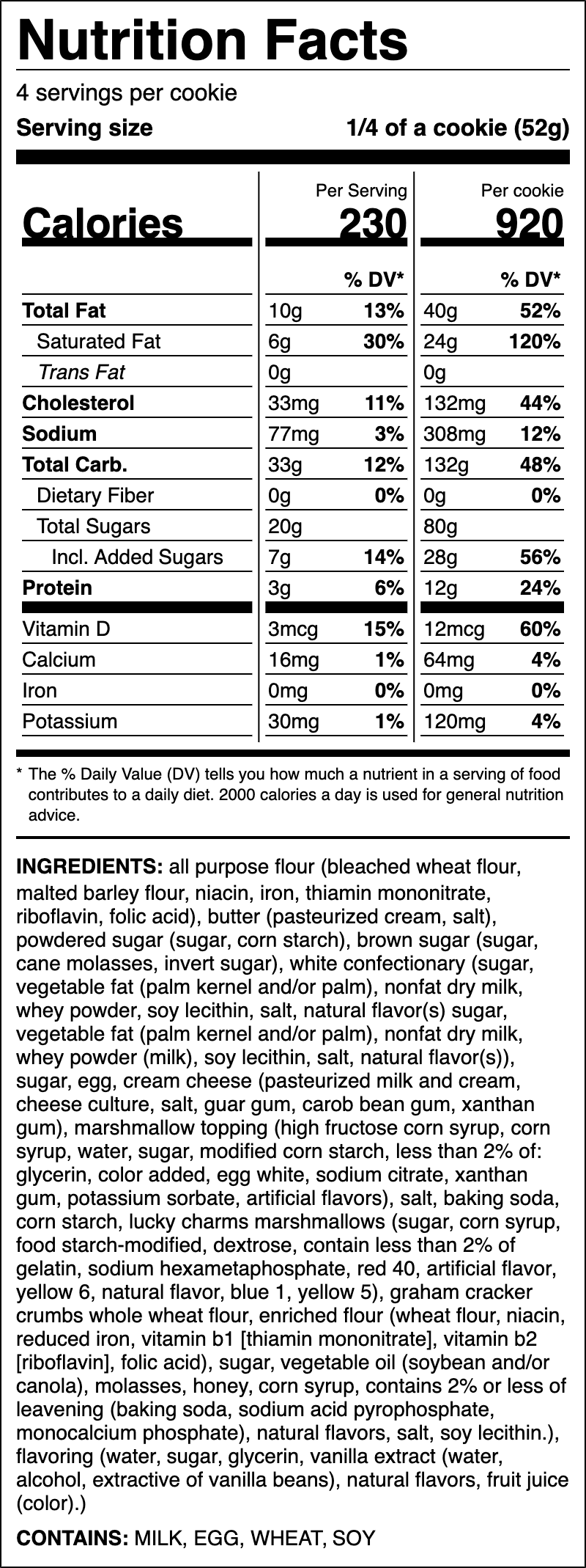Nutrition label for Mallow Creme