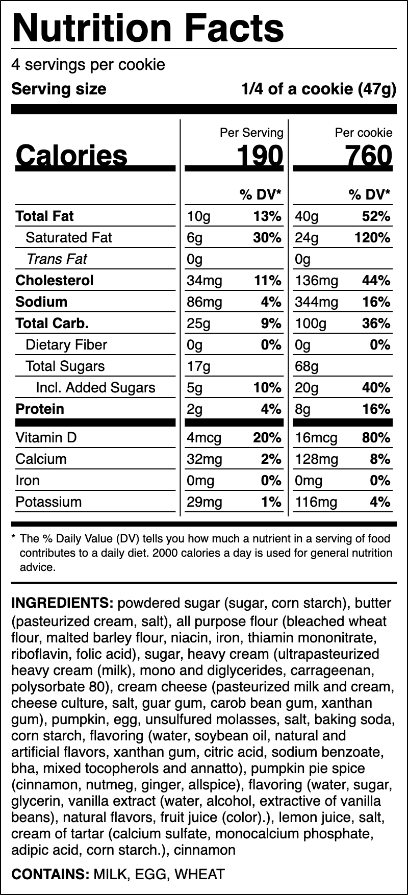 Nutrition label for Pumpkin Pie Cookie