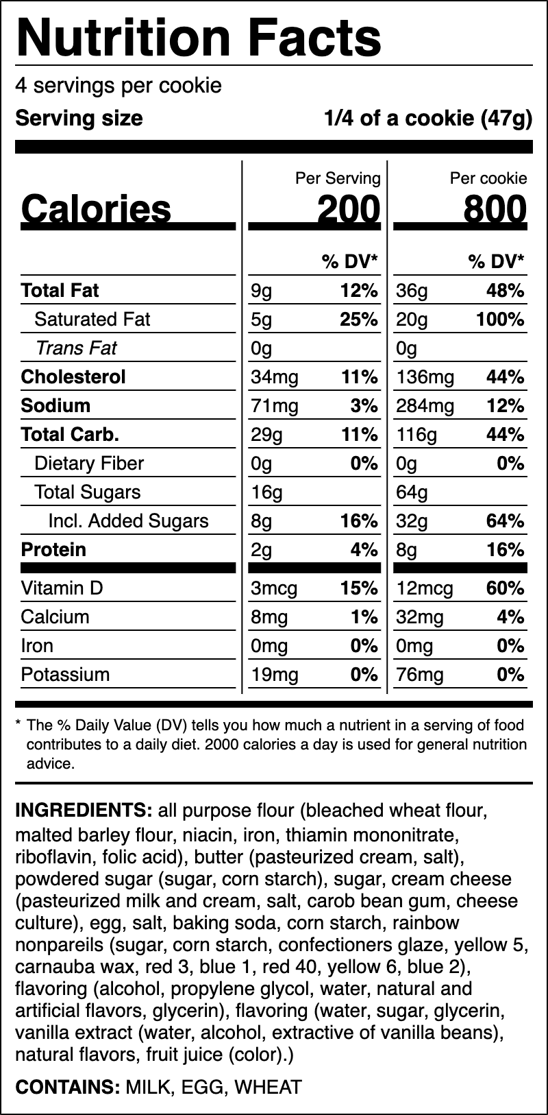 Nutrition label for Birthday Cake