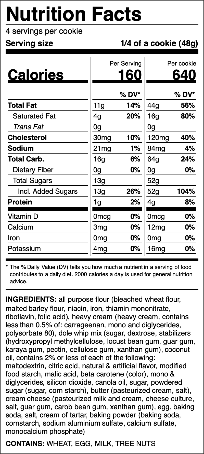 Nutrition label for Pineapple Whip