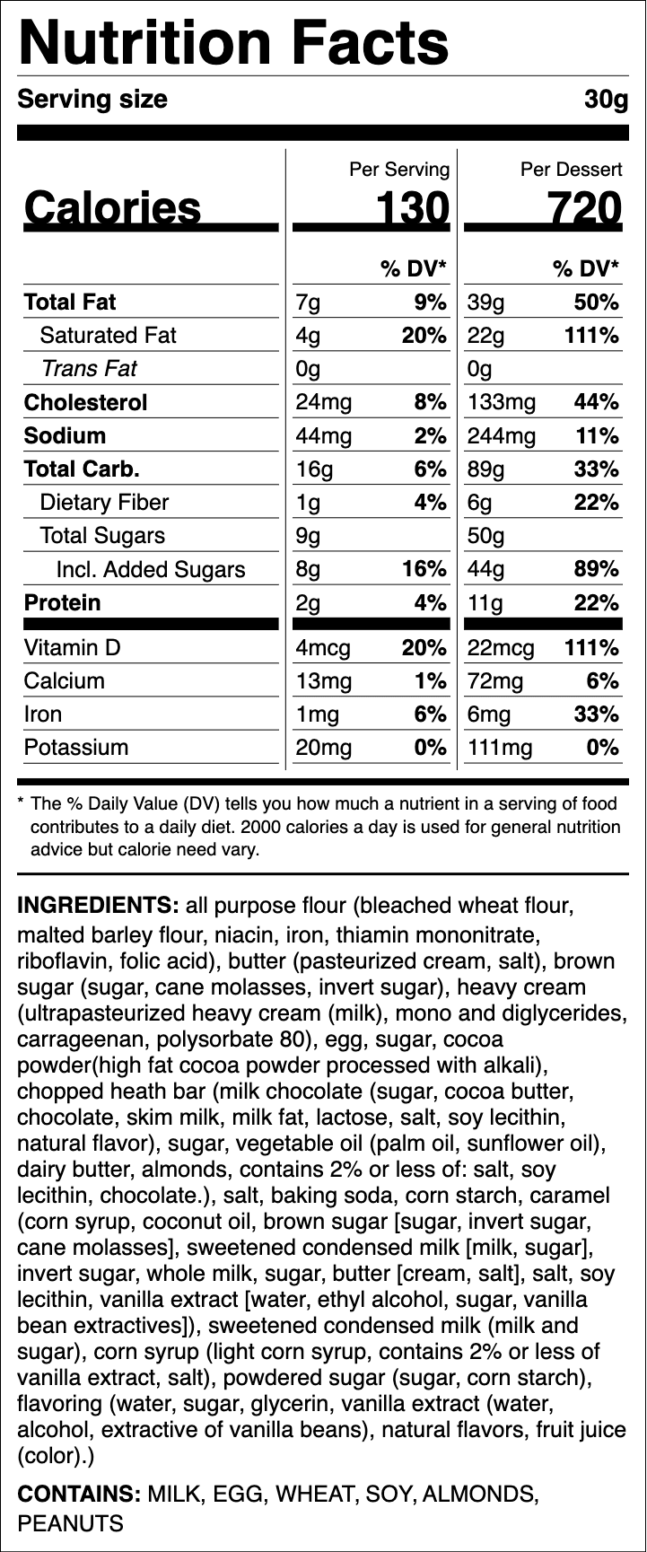 Nutrition label for Chocolate Toffee Cake