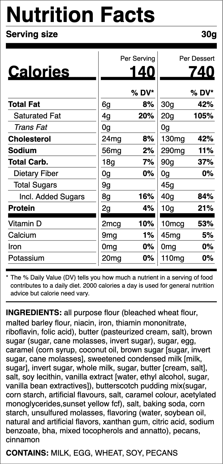 Nutrition label for Sticky Bun