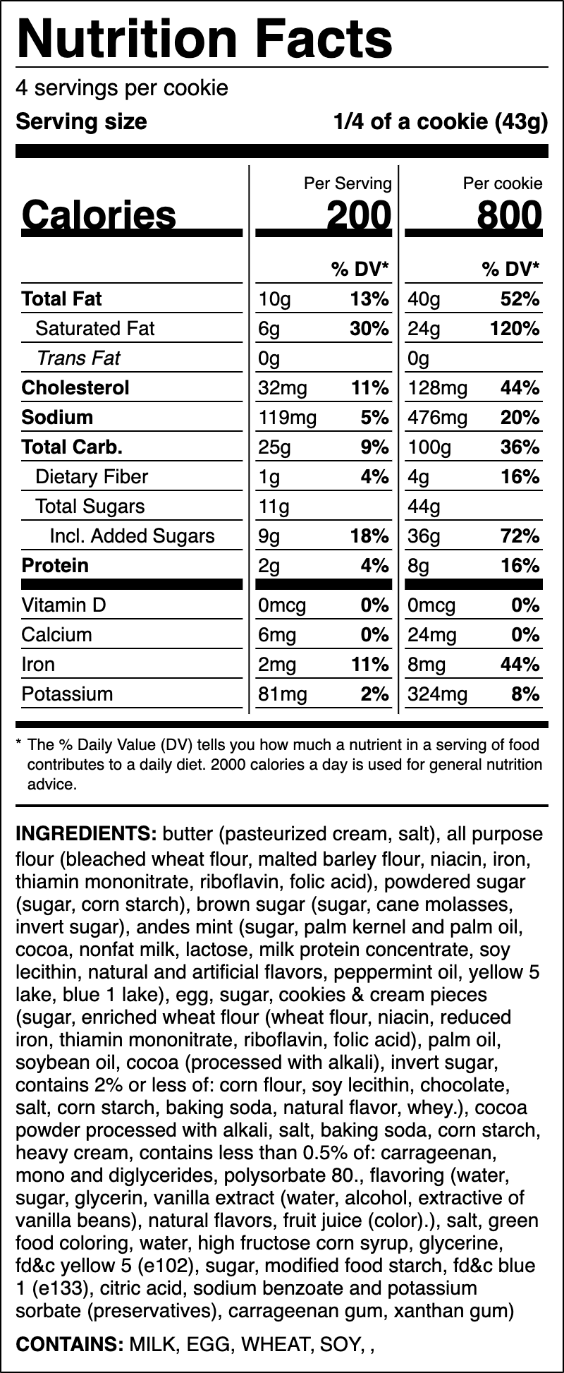Nutrition label for Chocolate Green Mint