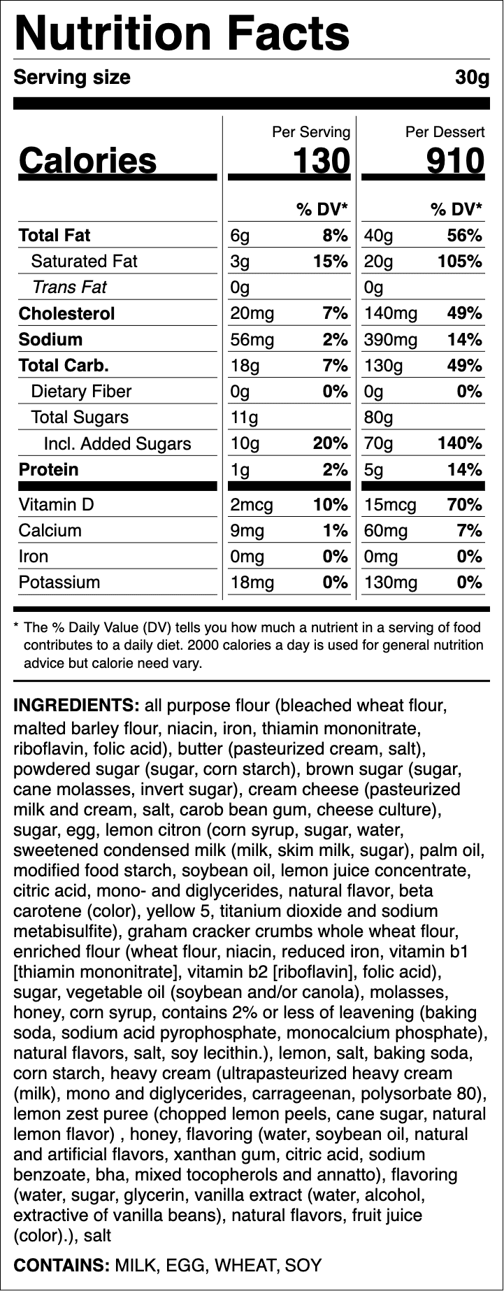 Nutrition label for Lemon Cheesecake