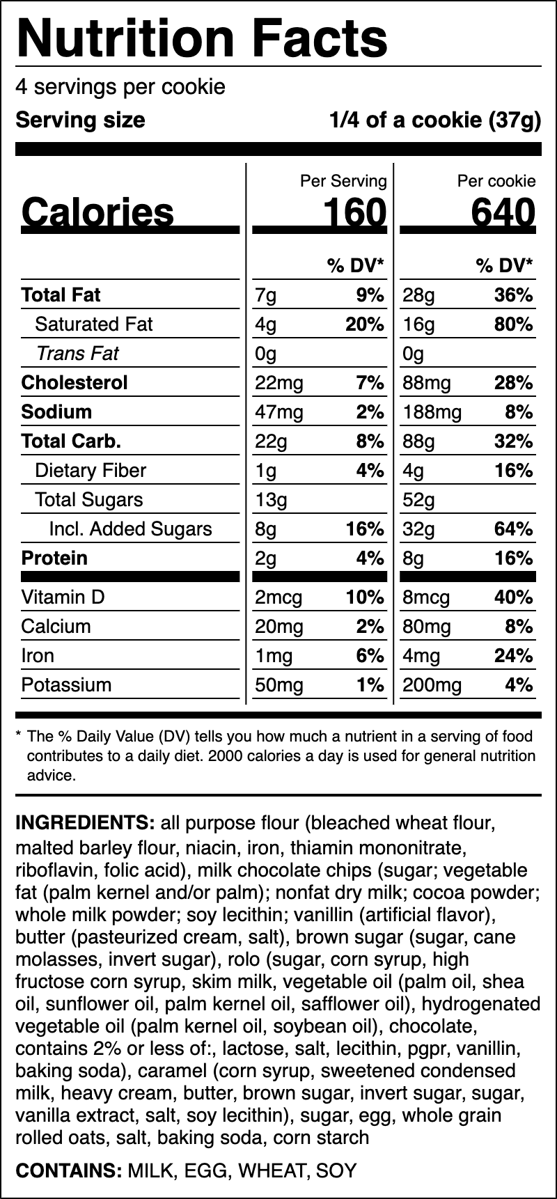 Nutrition label for Caramel Oatmeal ft. ROLO