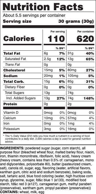 Nutrition label for Sugar (Blue Frosting)