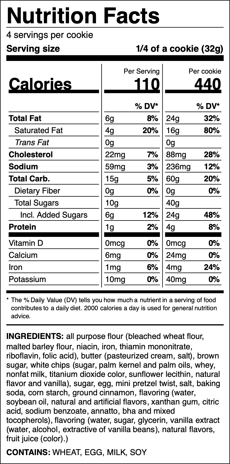 Nutrition label for Cinnamon Pretzel