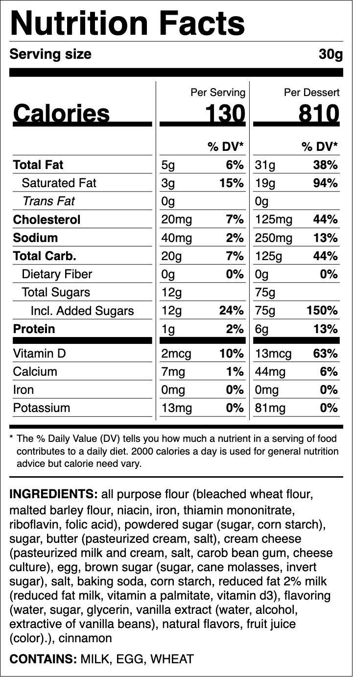 Nutrition label for Cinnamon Roll