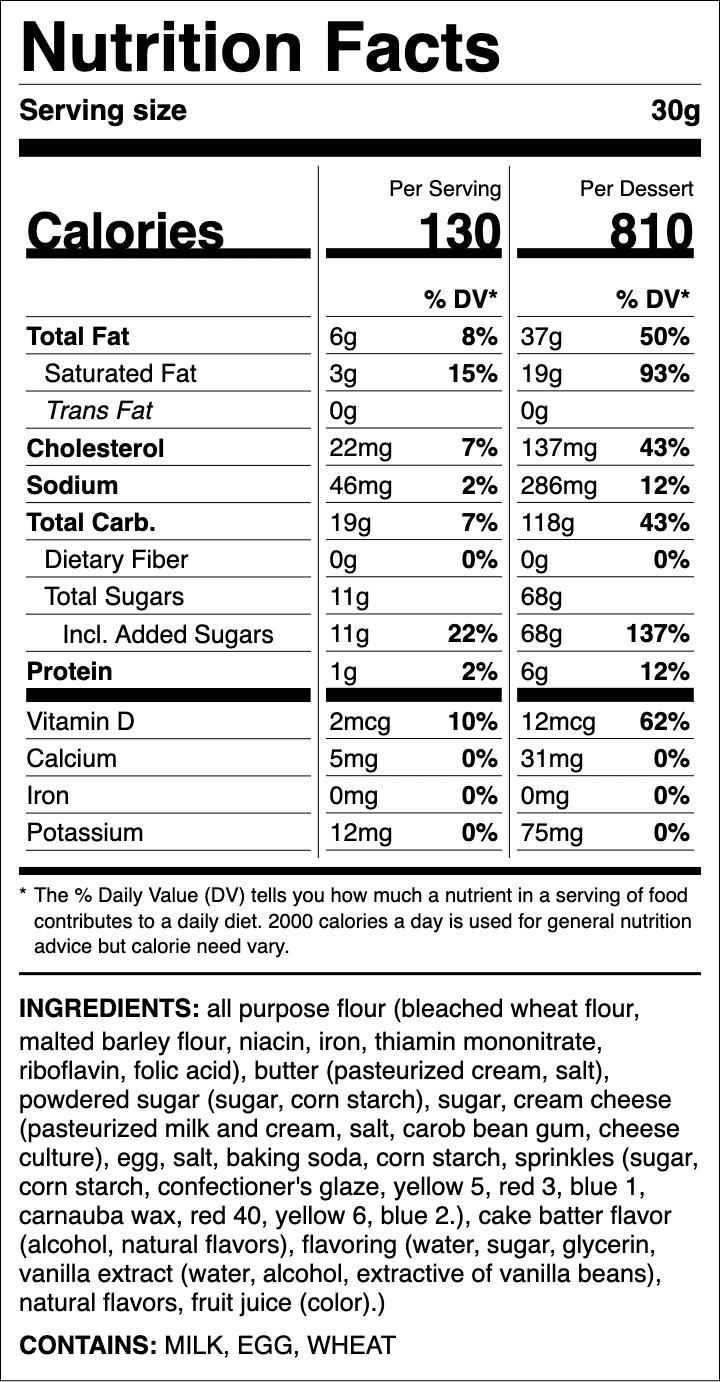 Nutrition label for Holiday Birthday Cake