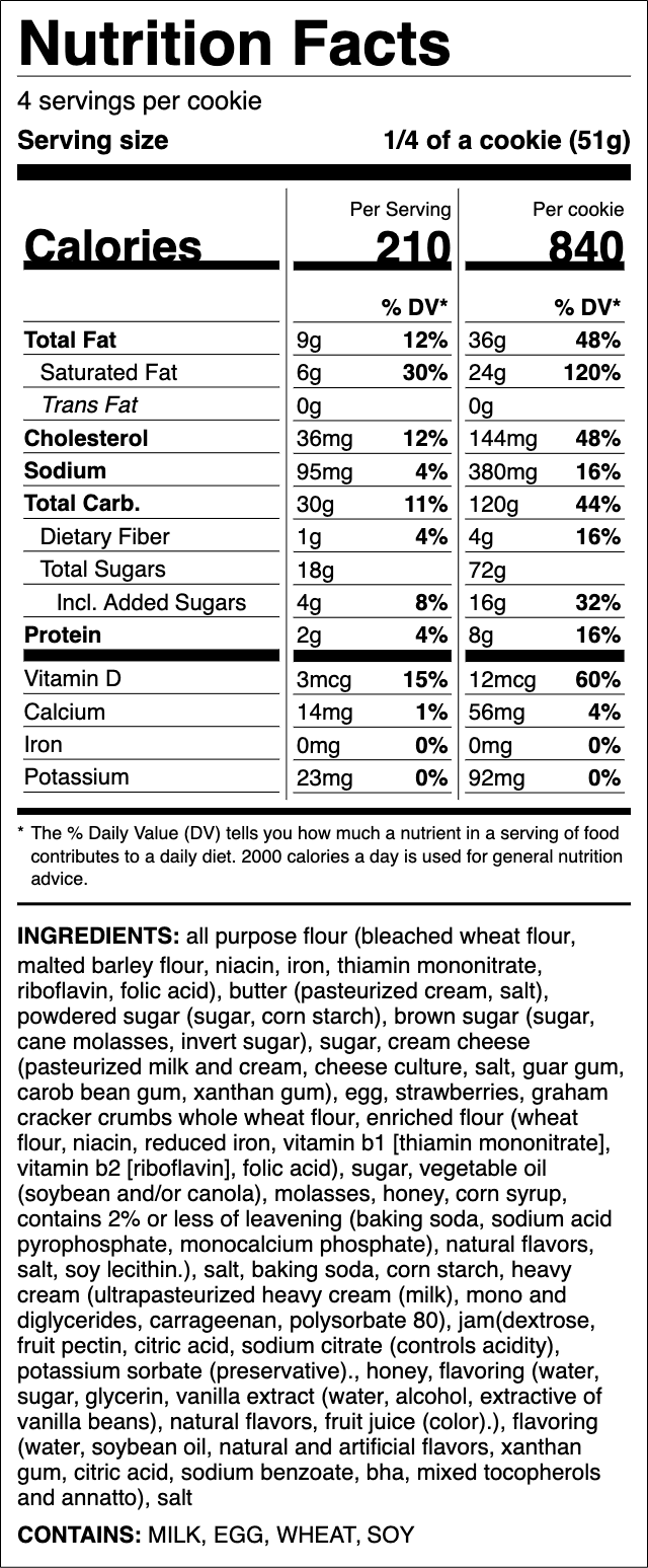 Nutrition label for Strawberry Cheesecake Cookie