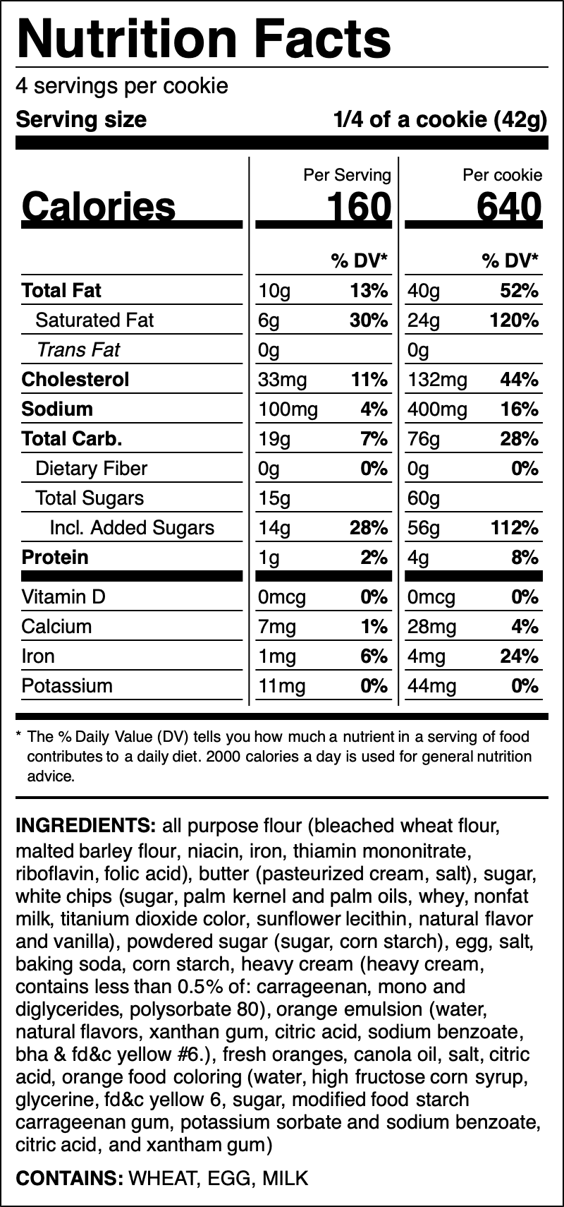 Nutrition label for Orange Creamsicle