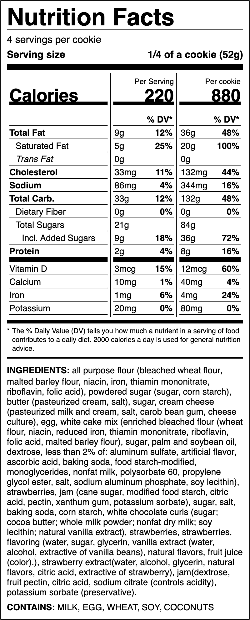 Nutrition label for Strawberry Cake Cookie