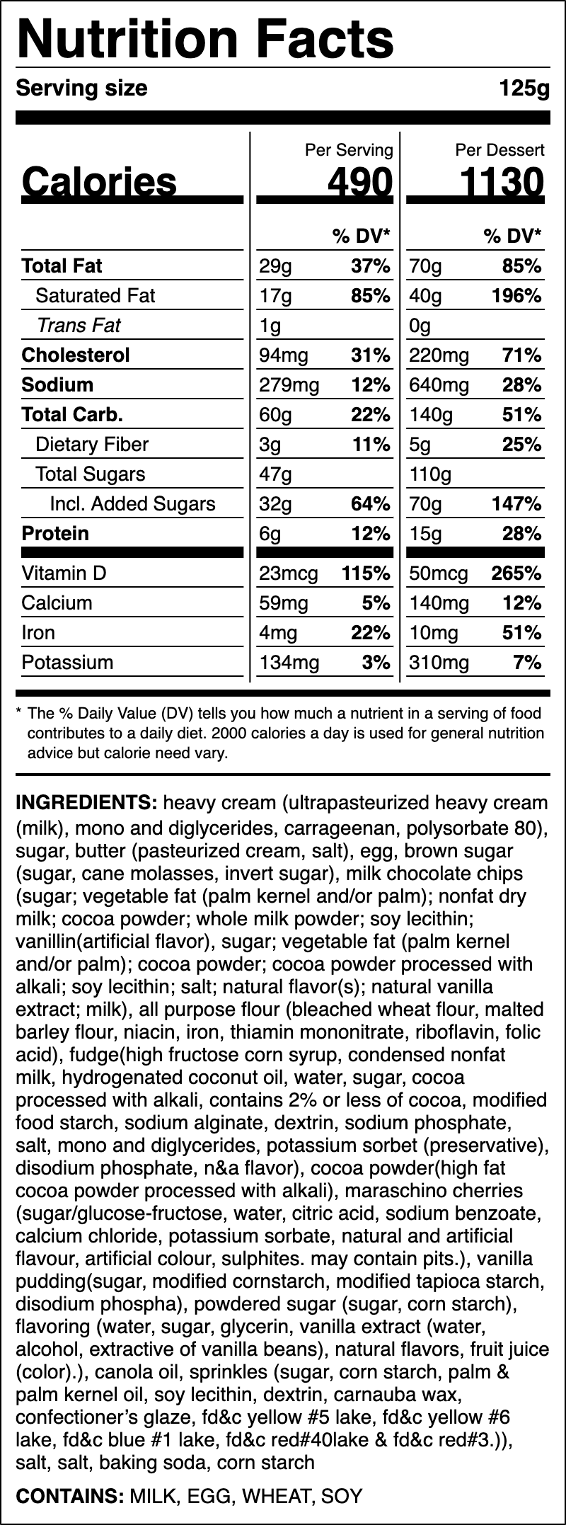 Nutrition label for Brownie Sundae