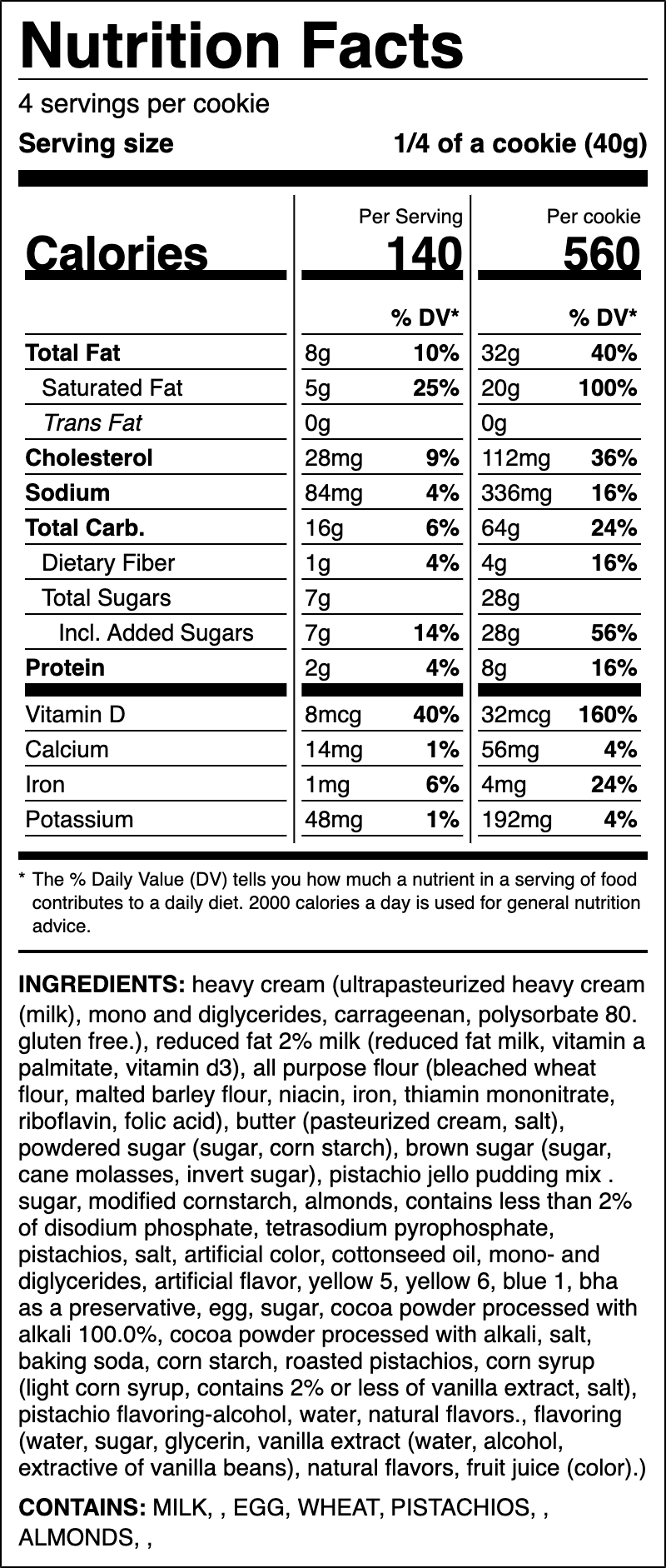 Nutrition label for Chocolate Pistachio Pie