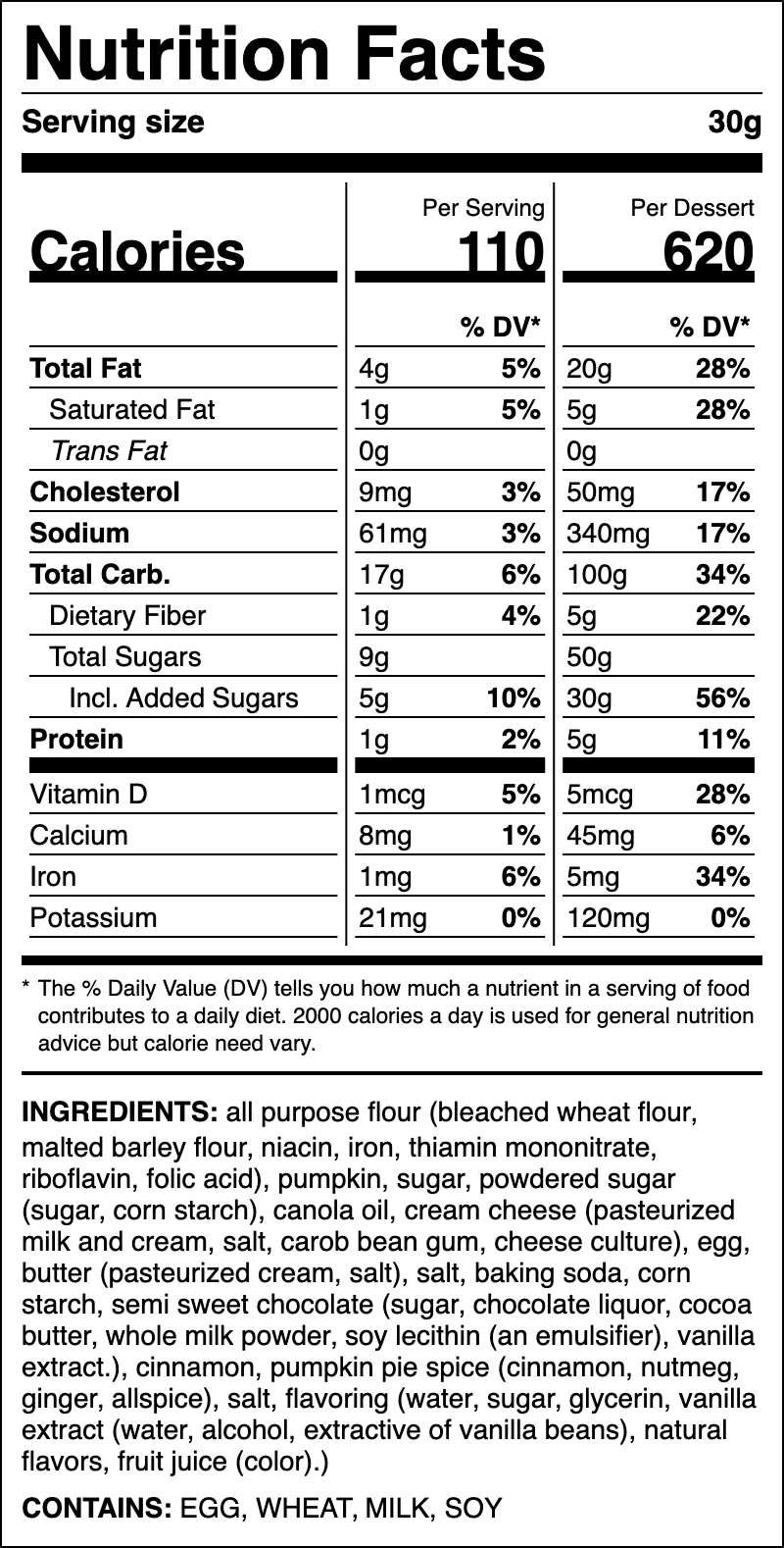 Nutrition label for Pumpkin Cake Cookie