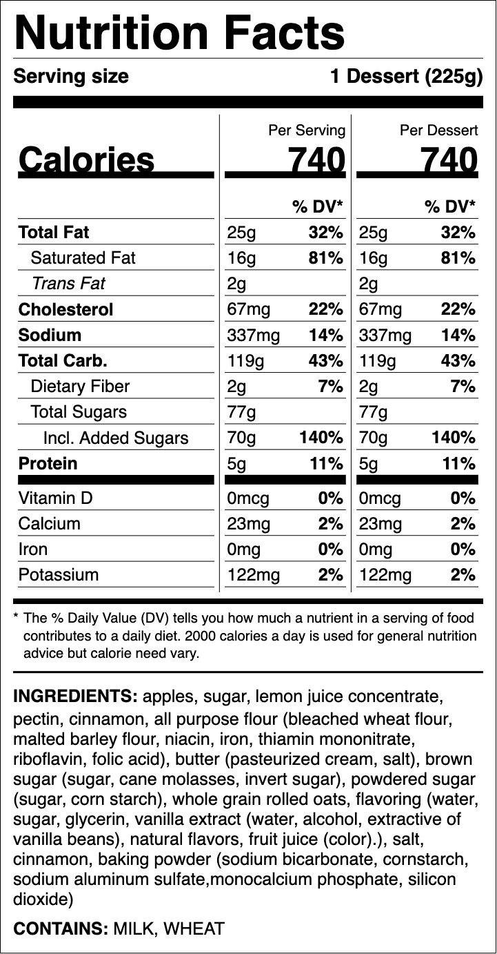 Nutrition label for Apple Pie